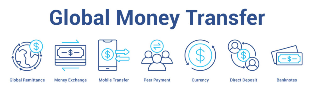 Global Money Transfer web banner icon set vector illustration concept for business with icon of Global Remittance, Money Exchange, Mobile Transfer, Peer Payment, Curren.