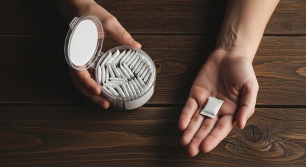 Snus nicotine pouches Hands holding box and single portion on wood table.