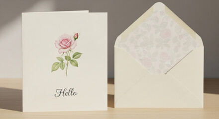 Greeting card with pink rose and envelope on wooden table for hello message