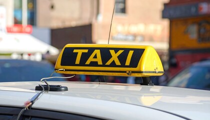 Close-up of a bright yellow sign atop a white vehicle, indicating a transportation service, on a sunny urban street with buildings
