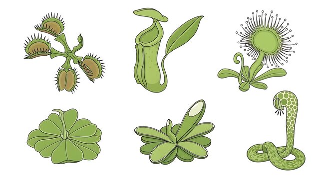 Collection of Six Different Carnivorous Plants Illustrated.