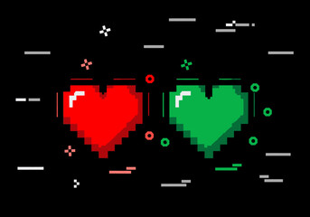 Red and Green Pixelated Hearts Display.