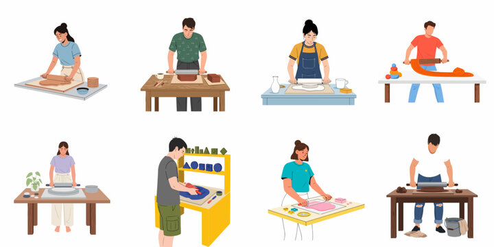 Creative people making art: flat vector illustration set of individuals crafting with clay, dough, and rollers, engaging in various artistic processes.