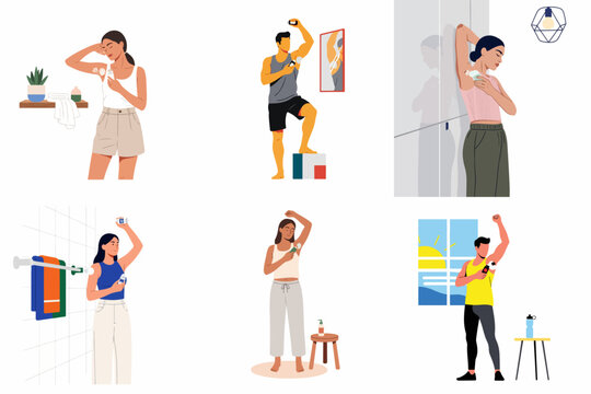 Illustrations of diverse individuals applying deodorant or antiperspirant as part of their daily personal hygiene and freshness routine, showcasing self-care in various settings.