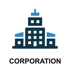 Corporation Building Icon: A clean, modern icon depicting a corporate headquarters building, symbolizing business, industry, and organizational structure.