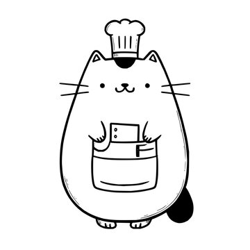 Cute cat chef cartoon character with apron and hat standing on white background