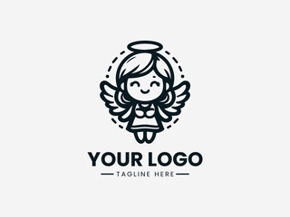 Cute little angel with small wings representing kindness care and gentle spirit in clean black vector logo illustration