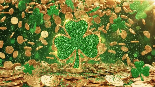Floating gold coins and green shamrocks against green background