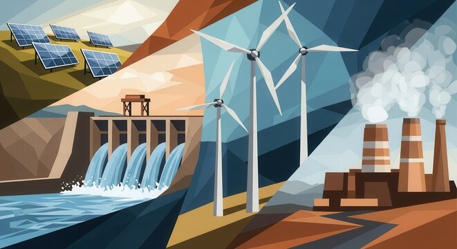 Collage of clean energy sources: solar panels, wind turbines, hydroelectric dam. Industrial factory pollution.