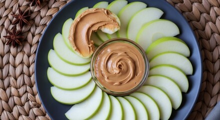 Apple slices with peanut butter dip Healthy snack on a rustic background.