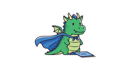 Fototapeta premium Cute green dragon with blue cape and spellbook