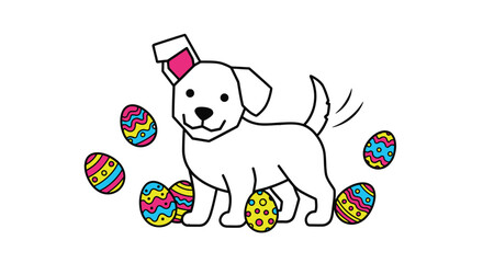 Obraz premium Playful puppy with Easter eggs and hat