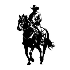 Vector Silhouette Illustration of Centered Cowboy Riding Galloping Horse with Flowing Mane on White Background