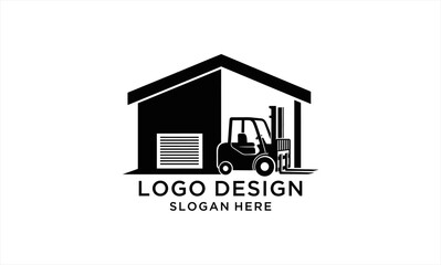Naklejka premium Black and white logo design featuring a warehouse building with a forklift inside.