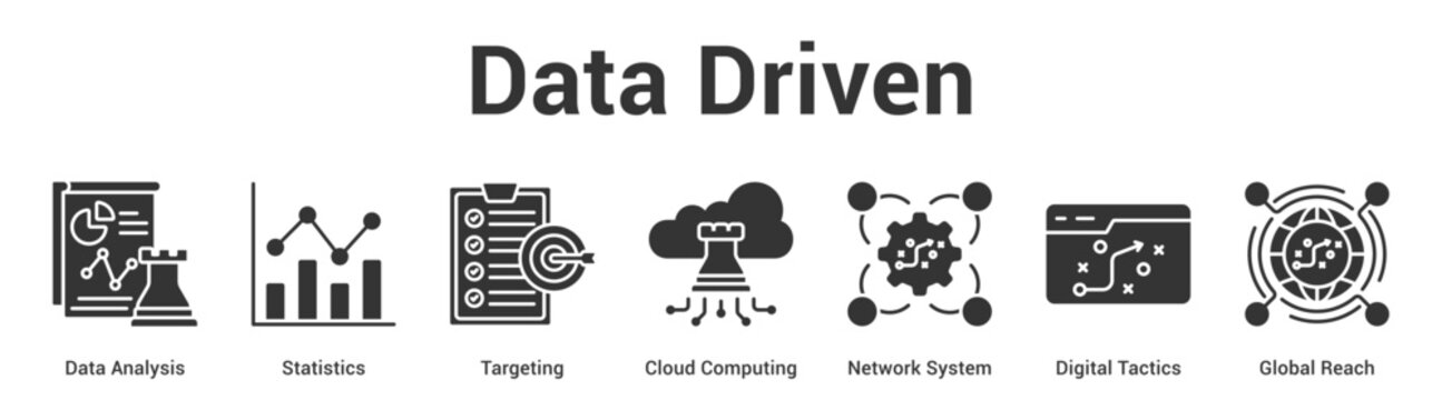 Data Driven web banner icon set vector illustration concept for business with icon of Data Analysis, Statistics, Targeting, Cloud Computing, Network System, Digital Tacti.