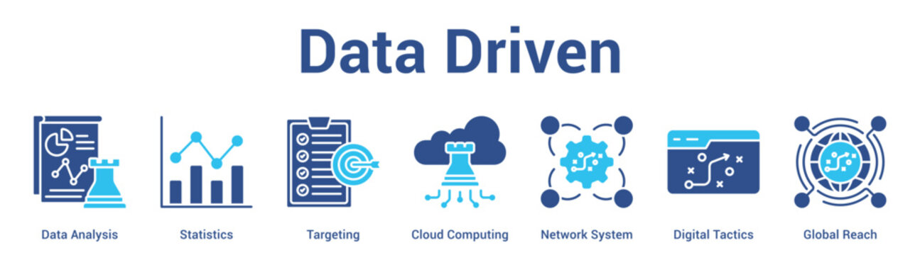 Data Driven web banner icon set vector illustration concept for business with icon of Data Analysis, Statistics, Targeting, Cloud Computing, Network System, Digital Tacti.