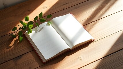 Open Empty Notebook on Wooden Desk with Soft Morning Sunlight and Shadows for Education, Planning, and Creative Writing Concept
 교육, 계획 및 창의적 글쓰기 컨셉을 위한 부드러운 아침 햇살과 그림자가 드리워진 나무 책상 위의 펼쳐진 빈 공책