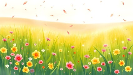 꽃잎이 날리는 푸른 잔디와 들판 풍경 soft focus spring green field with petals floating in the air