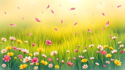 꽃잎이 날리는 푸른 잔디와 들판 풍경 soft focus spring green field with petals floating in the air