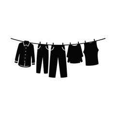 Clothes hanging on a clothesline silhouette. Laundry and drying clothes vector illustration. Minimalist flat design isolated on transparent background
