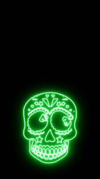 Seamless vertical video of a crazy mexican skull with green neon. Funny Halloween background with fluorescent effect for parties and events.
