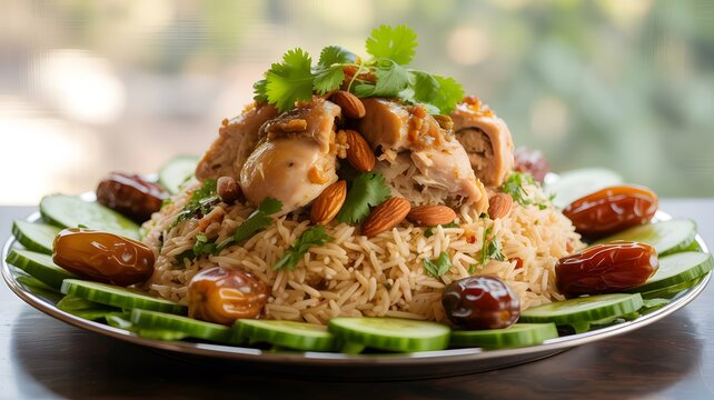 A visually appealing and richly flavored traditional Middle Eastern chicken pilaf served with dates and fresh cucumbers