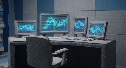 Fototapeta premium Vintage computer monitors display blue and green waveforms on a quilted desk. Retro-futuristic research lab, advanced data analysis.