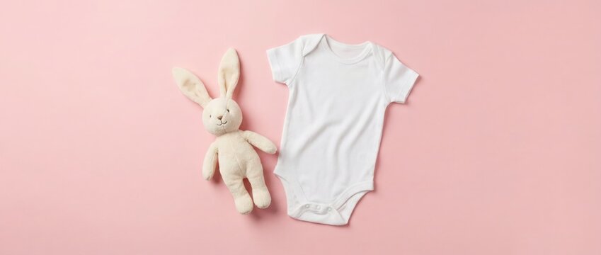 Adorable baby outfit and plush bunny toy cozy nursery setup photography bright soft colors top-down angle newborn essentials for cherished moments