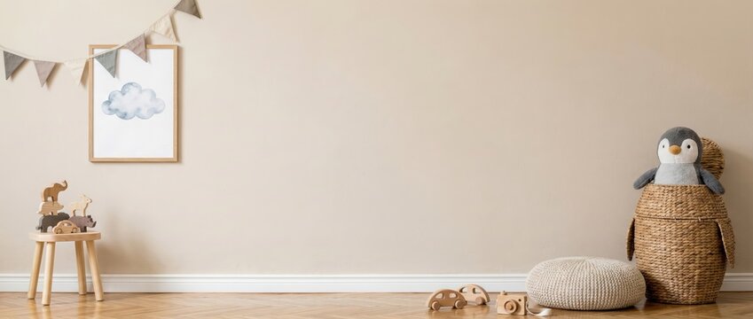 Cozy playroom decor with soft toys and wall art child's bedroom interior photography warm and inviting eye-level view childhood imagination and comfort