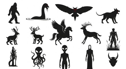 Collection of mythical creatures and cryptids silhouettes. © Rendi