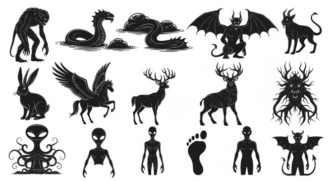 Collection of mythical creatures and fantasy monsters silhouettes.
