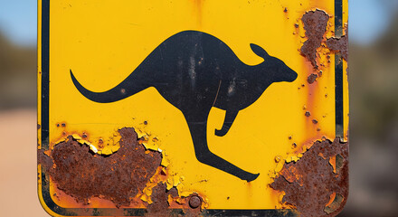 Kangaroo crossing sign with rust and weathered appearance  