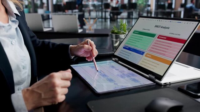 Woman Analyst Conducts SWOT Analysis