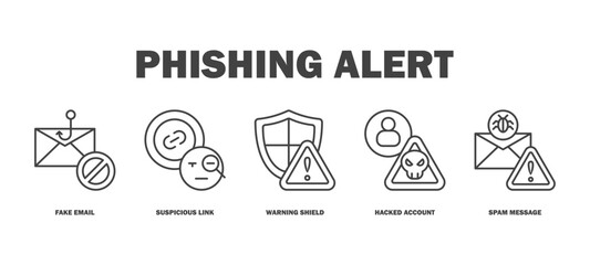 phishing alert banner web icon vector illustration featuring icons of fake email, suspicious link, warning shield, hacked account, spam message. © rann_design