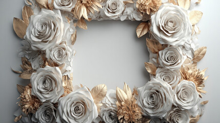 Frame of White Roses with Gold Leaves