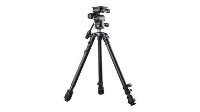Camera tripod in modern design with sleek black finish on white background for photography equipment