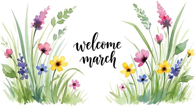 Welcome March floral watercolor illustration with spring flowers and handwritten text on white background
