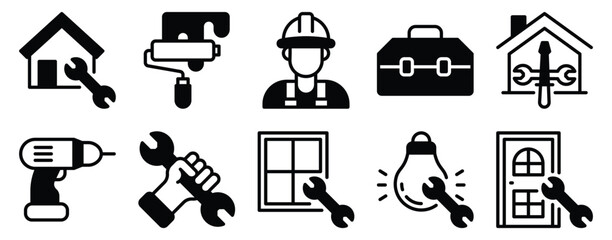 Home repair solid mix style icon set for tools maintenance renovation and household fixing