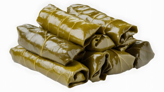 A delicious pile of traditional homemade dolmades wrapped tightly in glossy green grape leaves ready to serve.