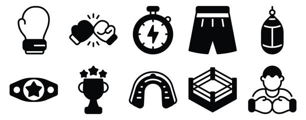 Boxing fitness solid mix style icon set for training gear workout and fight sport symbols