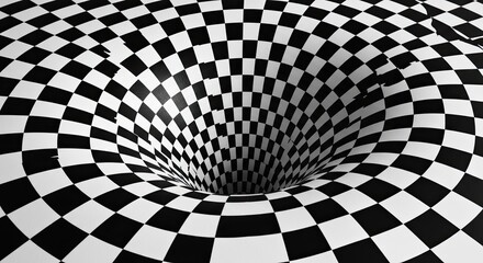Abstract Black and White Checkered Vortex Hole with Optical Illusion Design for Hypnotic Background