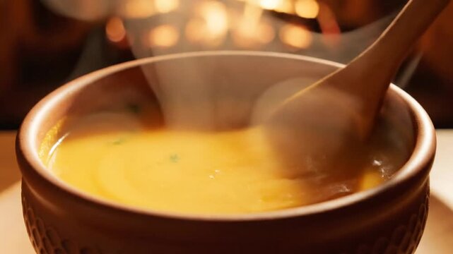 Steaming Hot Creamy Orange Soup in a Rustic Earthenware Bowl with a Wooden Spoon, Evoking Cozy Warmth and Comfort by a Soft Firelight Glow