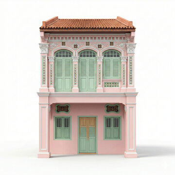 Pastel Pink Peranakan Heritage Shophouse Front Facade Isolated on White Background