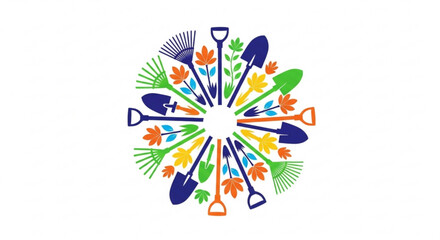 Colorful gardening tools and leaves circular pattern for hobby and gardening concepts