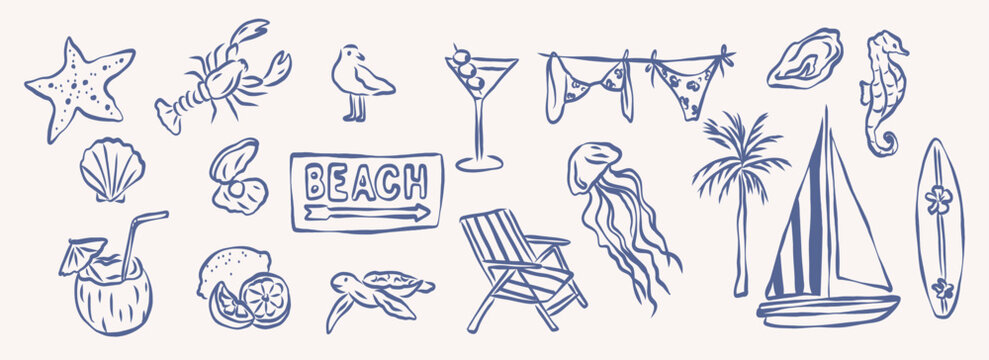 Hand drawn retro summer vacation illustrations