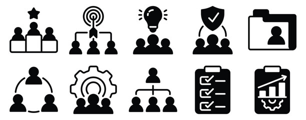 Teamwork management solid mix style icon set for leadership organization collaboration reports and project workflow