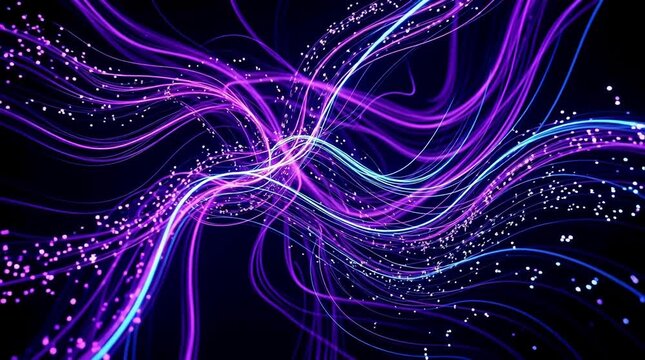 Vibrant purple and blue neon light trails swirling around a dark background in an abstract illustration