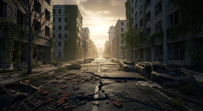 Overgrown abandoned city street scene shows cracked pavement, derelict buildings, and wrecked vehicles bathed in a hazy, apocalyptic sunset glow.