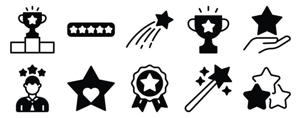 Star achievement solid mix style icon set for awards ratings rewards badges and winner recognition