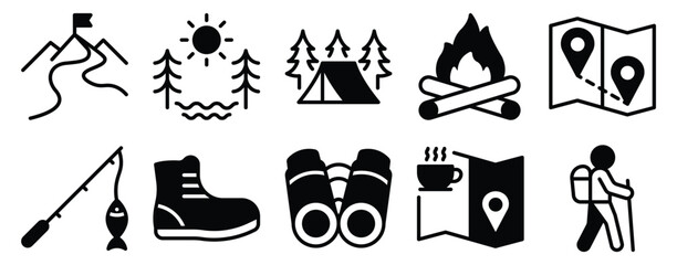Outdoor camping solid mix style icon set for hiking adventure travel gear and nature exploration